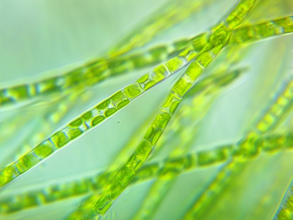 A high-magnification microscope image showing several elongated filamentous green algae strands with clearly visible segmented cells, set against a soft aqua-green background.