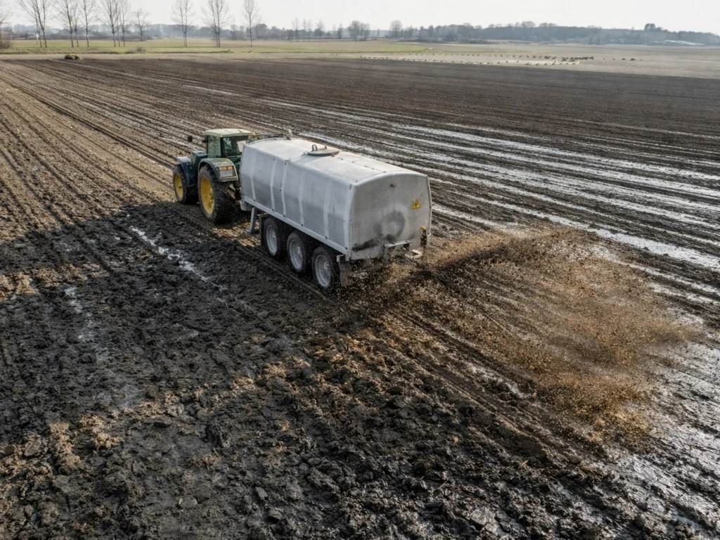 Aerial View of Tractor Spreading Manure or Fertilizer on Agricultural Field