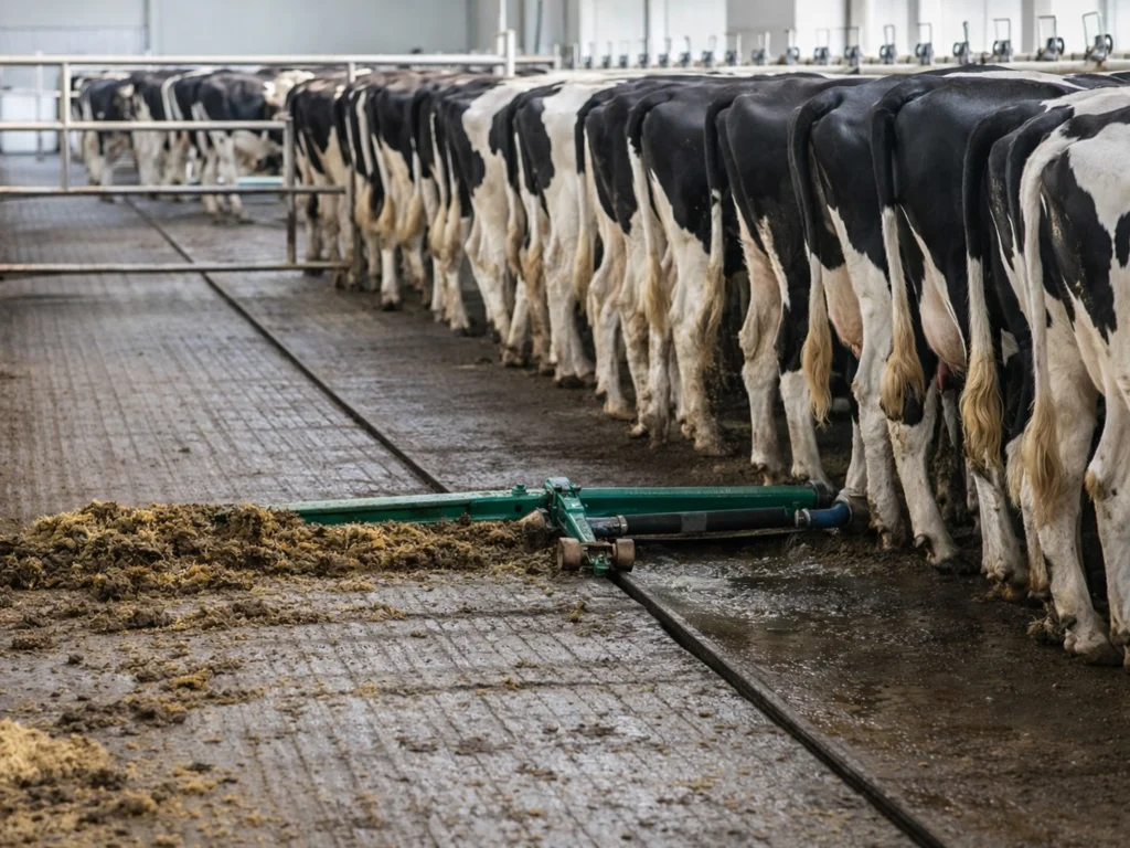 A row of black and white Holstein dairy cows standing in a barn while an automated green manure scraper collects waste from the concrete floor channel between them.