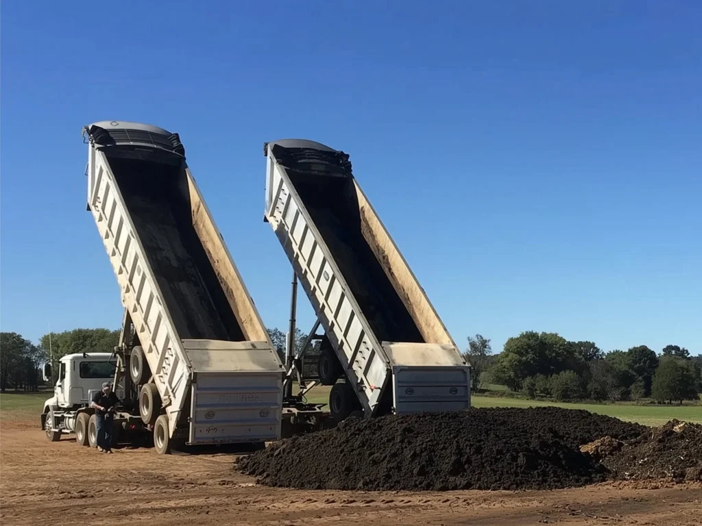 Two large white dump trucks with their beds fully raised, unloading a large pile of dark compost or biosolids material onto a flat agricultural field under a clear blue sky.