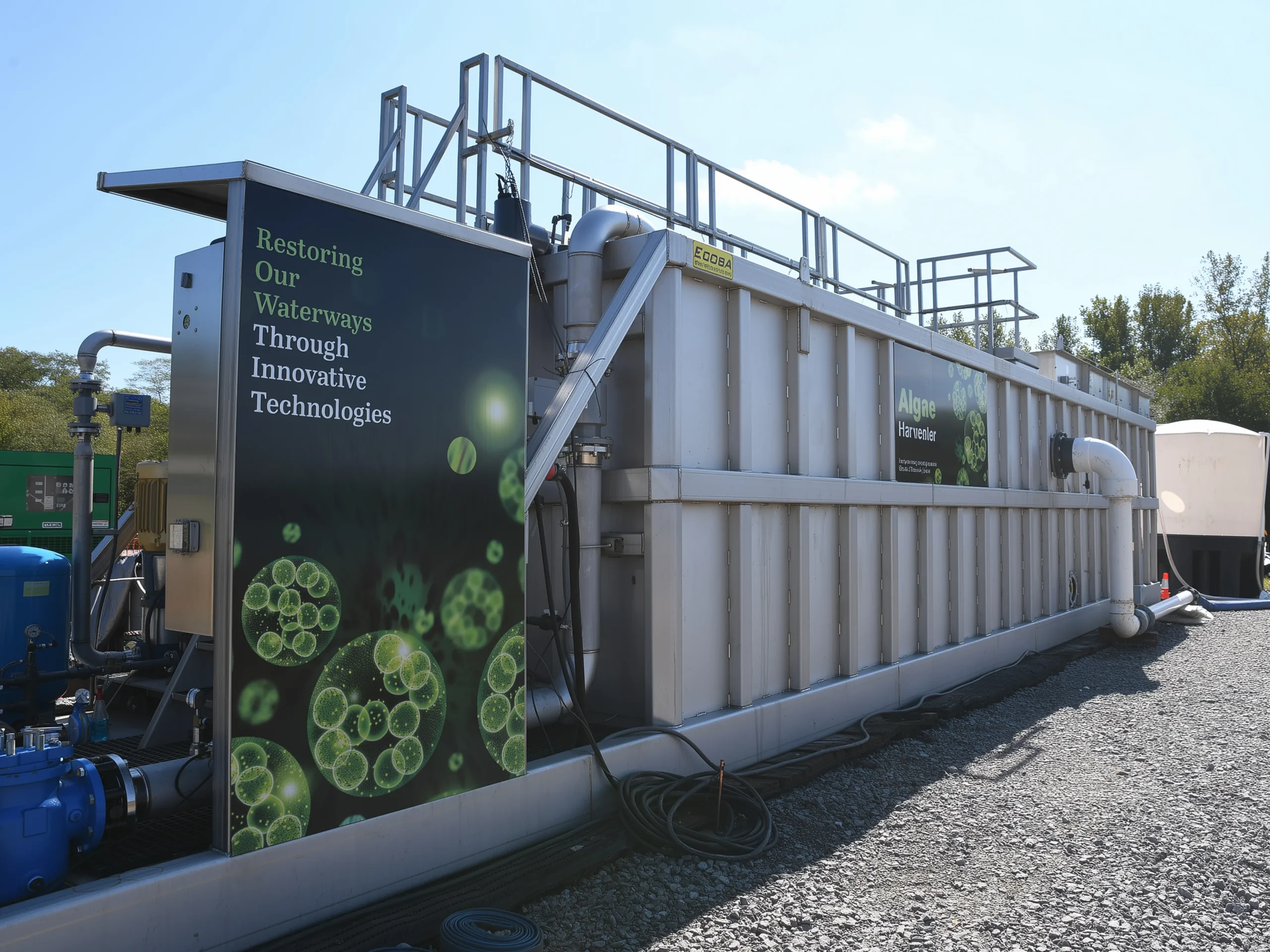 Large-scale algae harvester unit deployed outdoors, with branded panels showing microscopic algae imagery