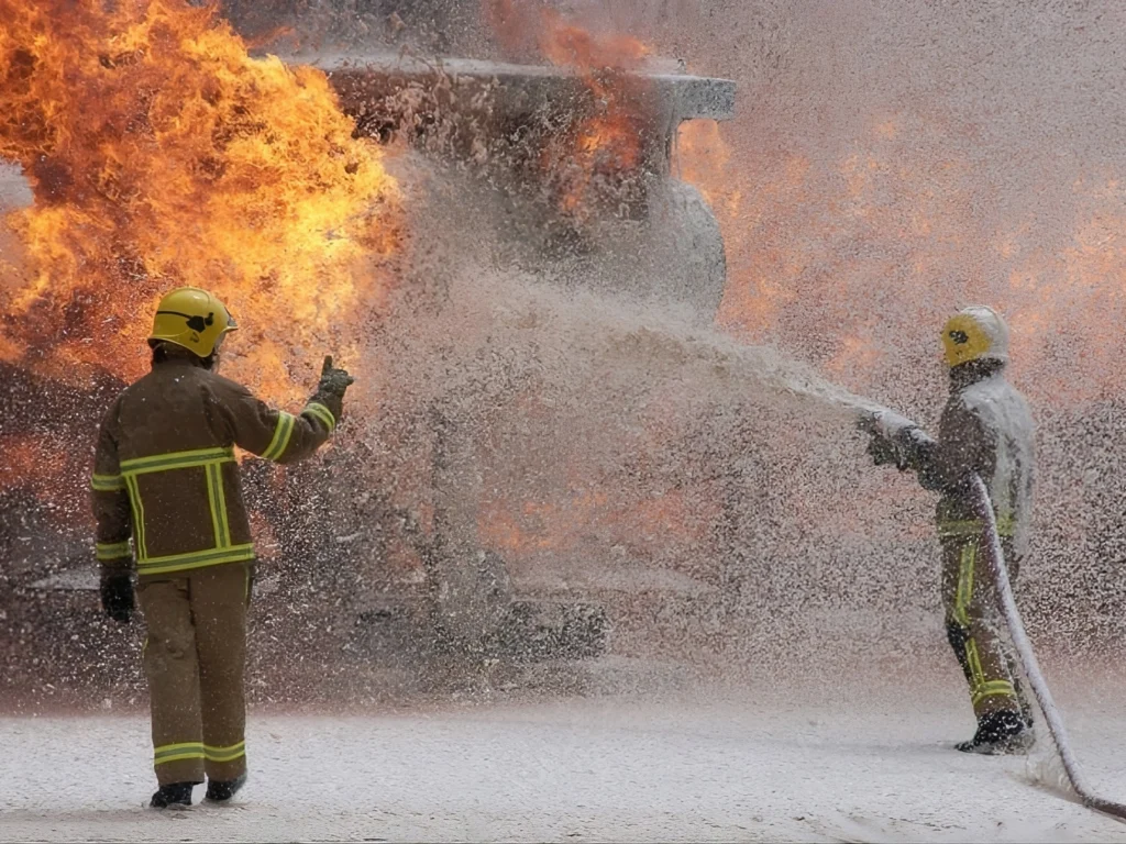 Two firefighters in full protective gear and yellow helmets directing a high-pressure foam hose at a large industrial fire, with white suppressant foam covering the ground and air around them.
